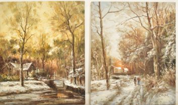 THEO VAN CLEEF - PAIR OF OIL ON CANVAS SNOWSCAPE PAINTINGS