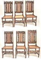 HARLEQUIN SET OF SIX CHARLES II CARVED WALNUT & RATTAN CHAIRS