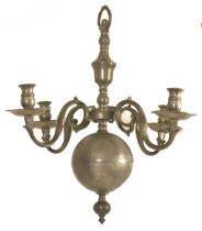 MID 19TH CENTURY DUTCH STYLE FOUR BRANCH PEWTER CHANDELIER