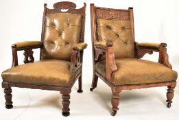 TWO NEAR PAIR OF LATE VICTORIAN OAK & LEATHER LIBRARY CHAIRS