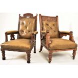 TWO NEAR PAIR OF LATE VICTORIAN OAK & LEATHER LIBRARY CHAIRS