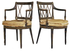 PAIR REGENCY 19TH CENTURY EBONISED & GILT PARCEL CHAIRS