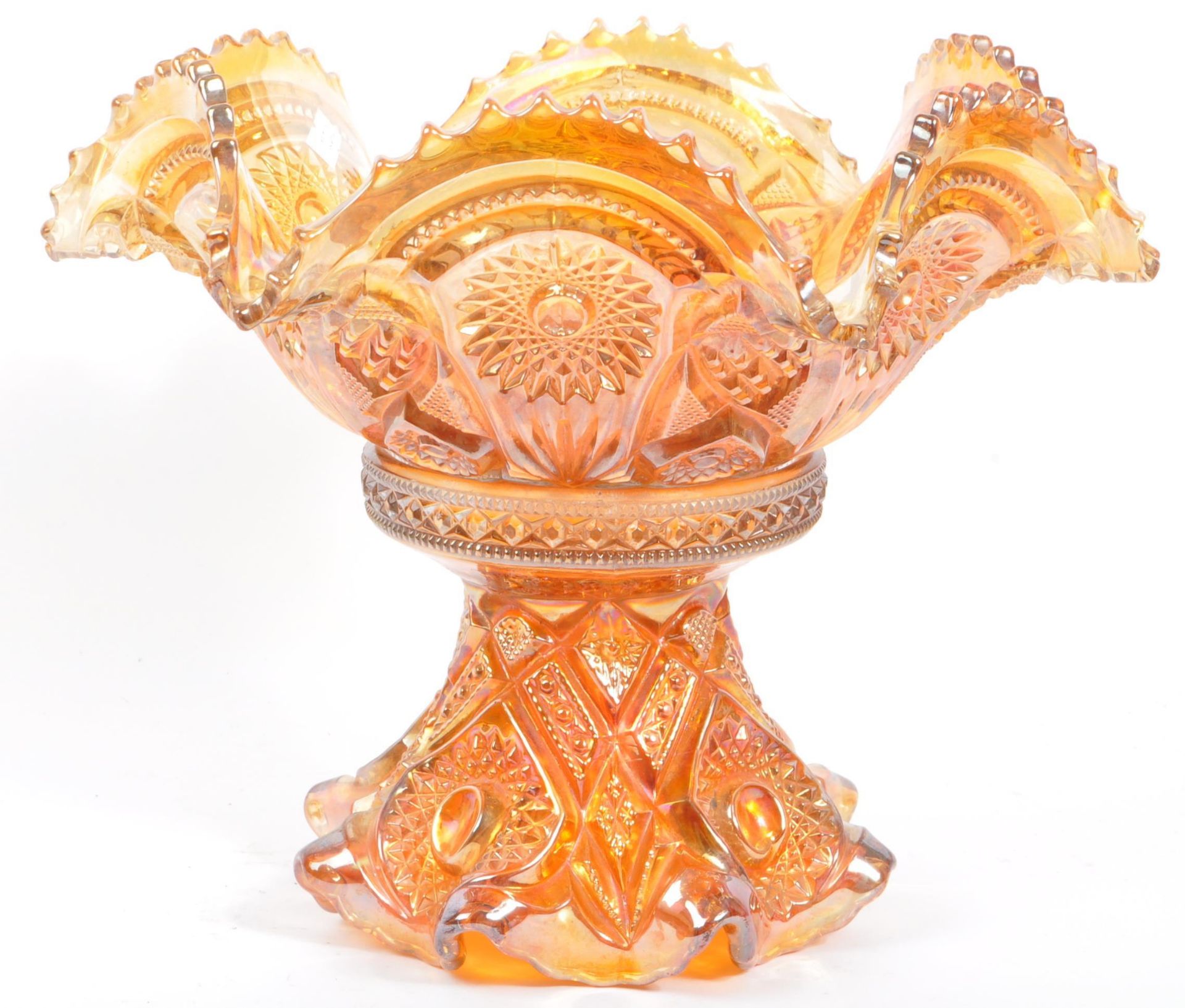 IRIDESCENT CARNIVAL GLASS MARIGOLD PUNCH BOWL - Image 6 of 10