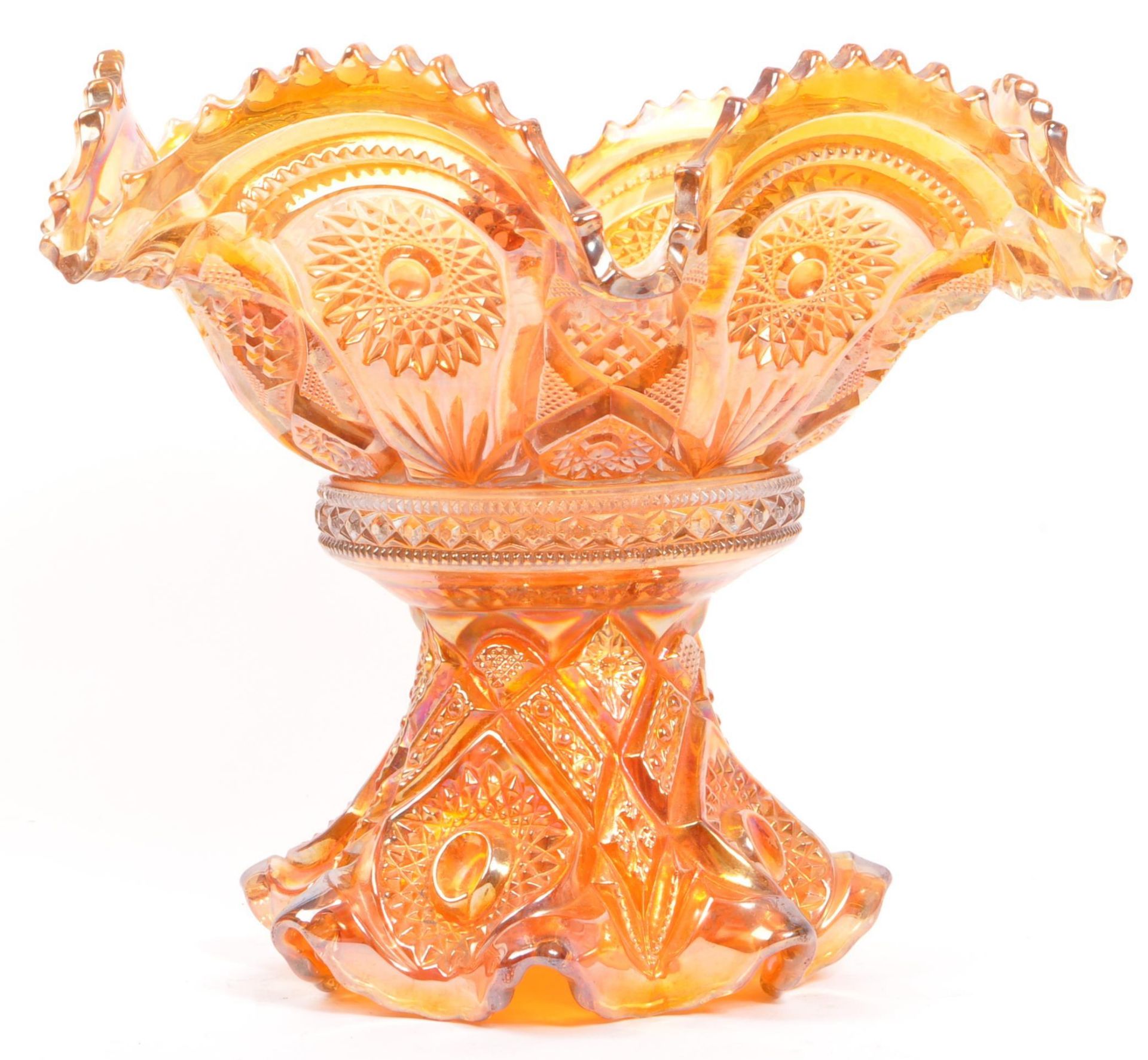 IRIDESCENT CARNIVAL GLASS MARIGOLD PUNCH BOWL - Image 2 of 10