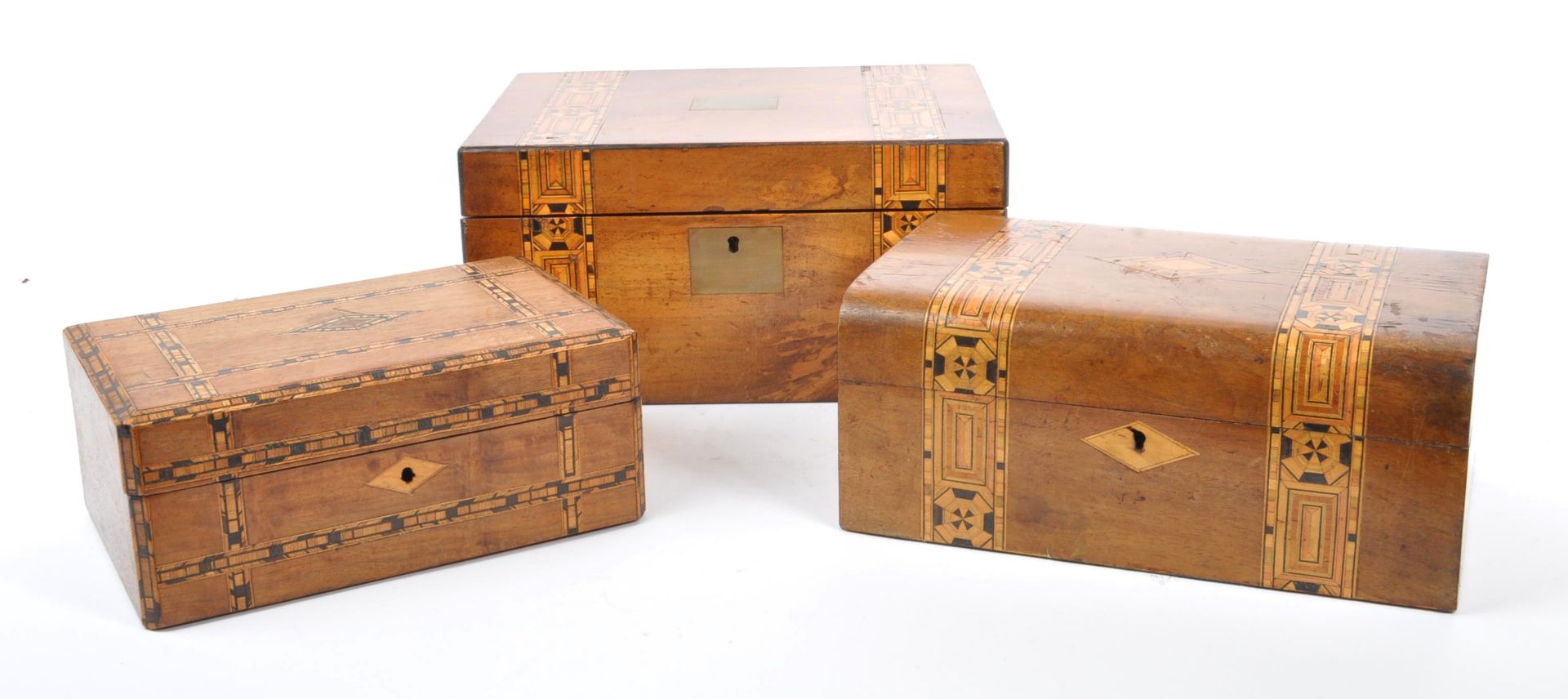 VICTORIAN TUNBRIDGE WARE SEWING BOXES AND WRITING SLOPE