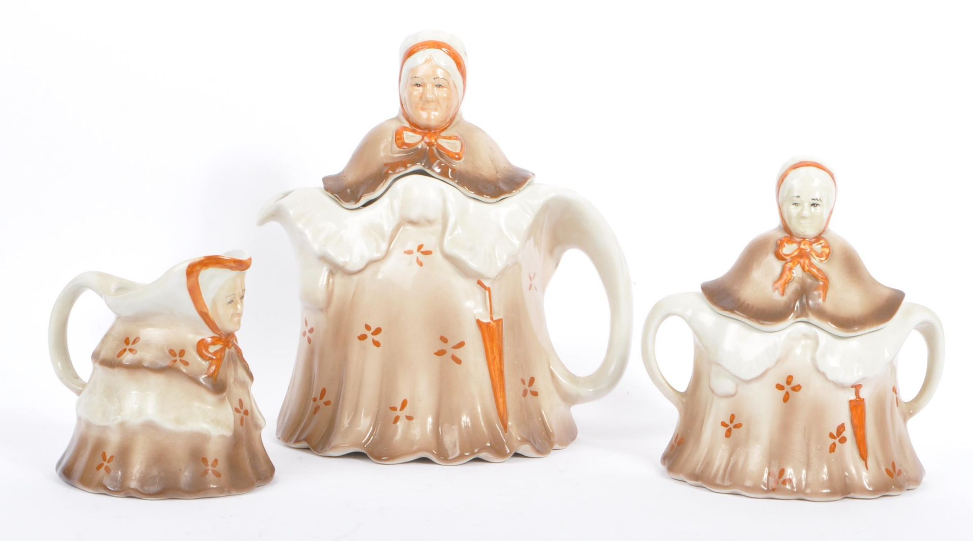 1930S TONY WOOD POTTERY LITTLE OLD LADY TEA SET