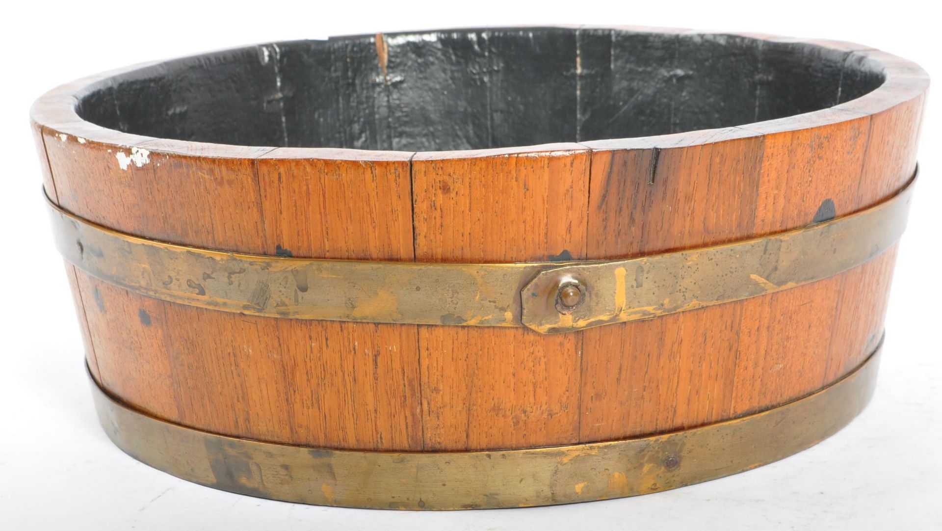 EARLY 20TH CENTURY OAK & BRASS WHISKEY BARREL PLANTER