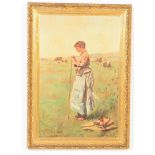 EARLY 20TH CENTURY OIL ON CANVAS PAINTING OF FEMALE SHEPHERD