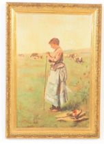 EARLY 20TH CENTURY OIL ON CANVAS PAINTING OF FEMALE SHEPHERD