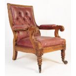 WILLIAM IV ENGLISH CARVED OAK AND LEATHER LIBRARY CHAIR