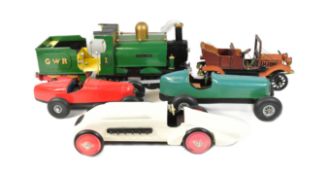 COLLECTION OF VINTAGE SCRATCH BUILT WOODEN CARS & LOCO