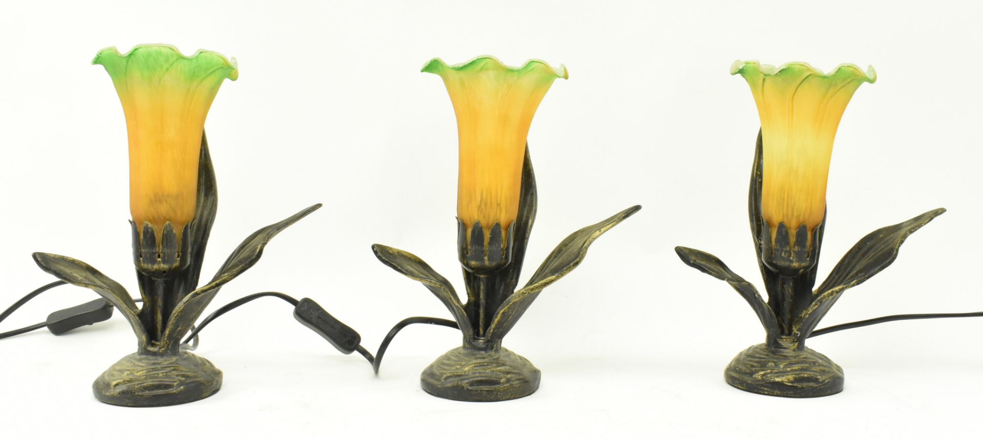 THREE ART DECO STYLE GLASS & METAL FLOWER DESK LAMPS