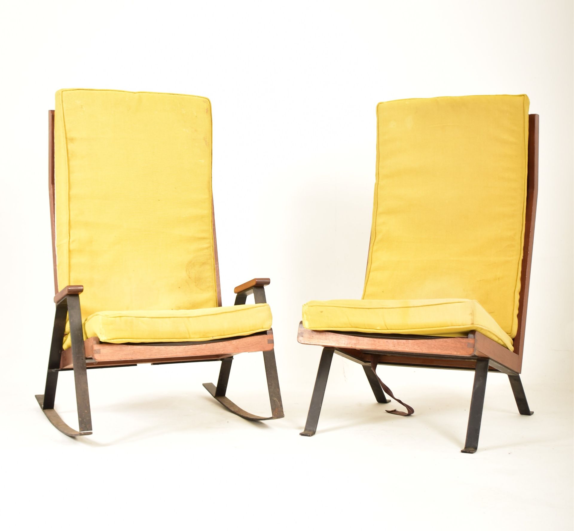 PAIR OF RETRO 20TH CENTURY TEAK AND METAL FRAMED ARMCHAIRS