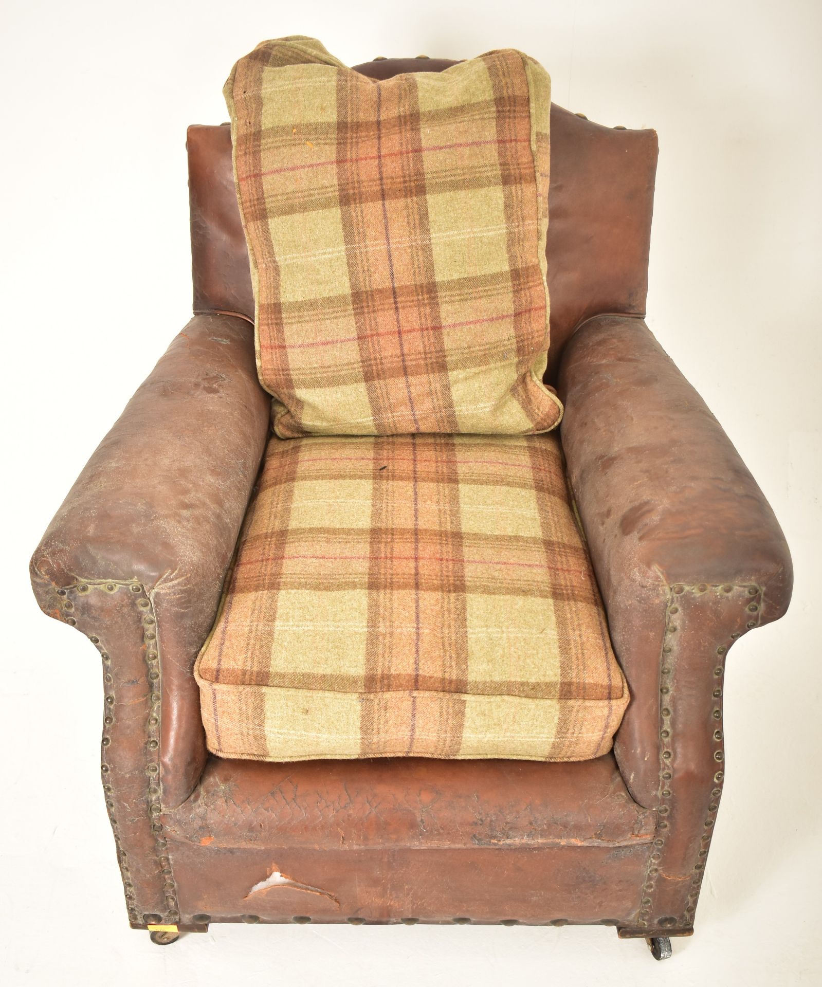 EARLY 20TH CENTURY LEATHER & BRASS STUDDED ARMCHAIR - Image 6 of 9