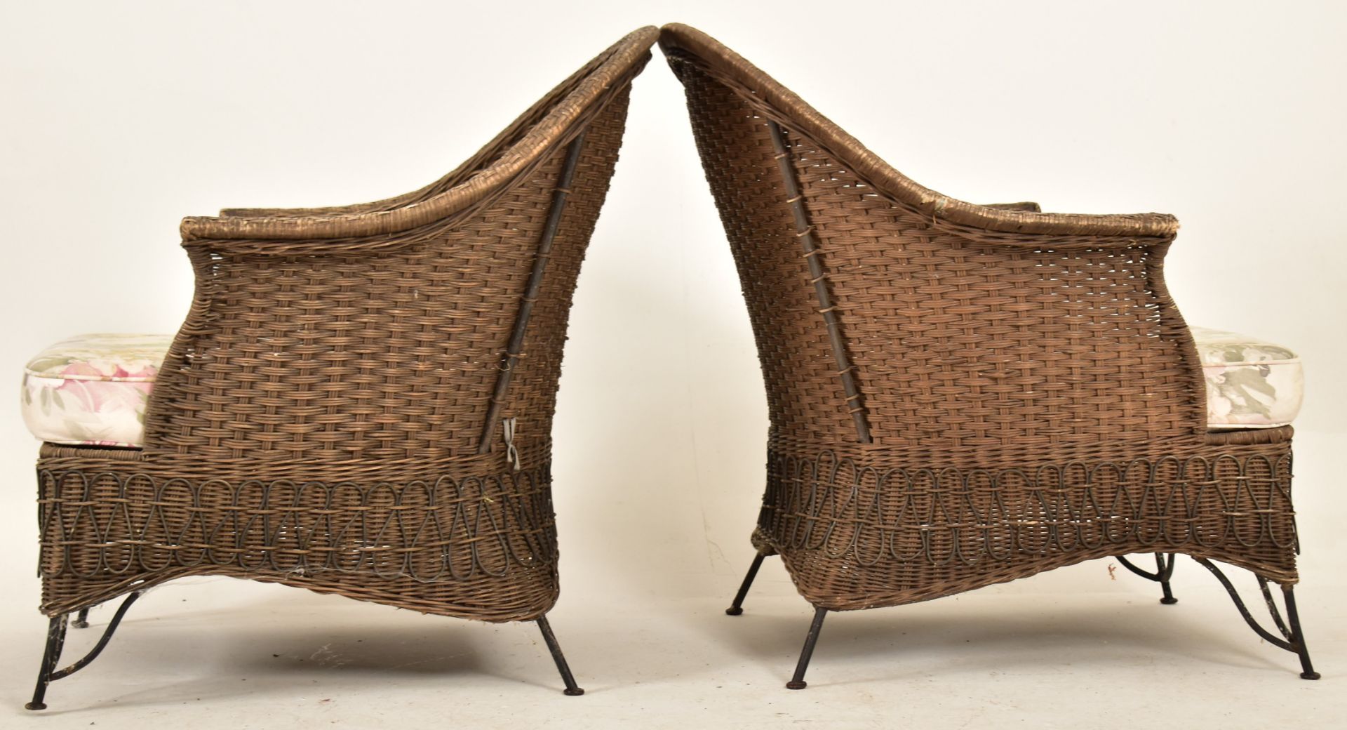 PAIR OF RETRO WIREWORK FRAMED & WICKER GARDEN ARMCHAIRS - Image 4 of 5