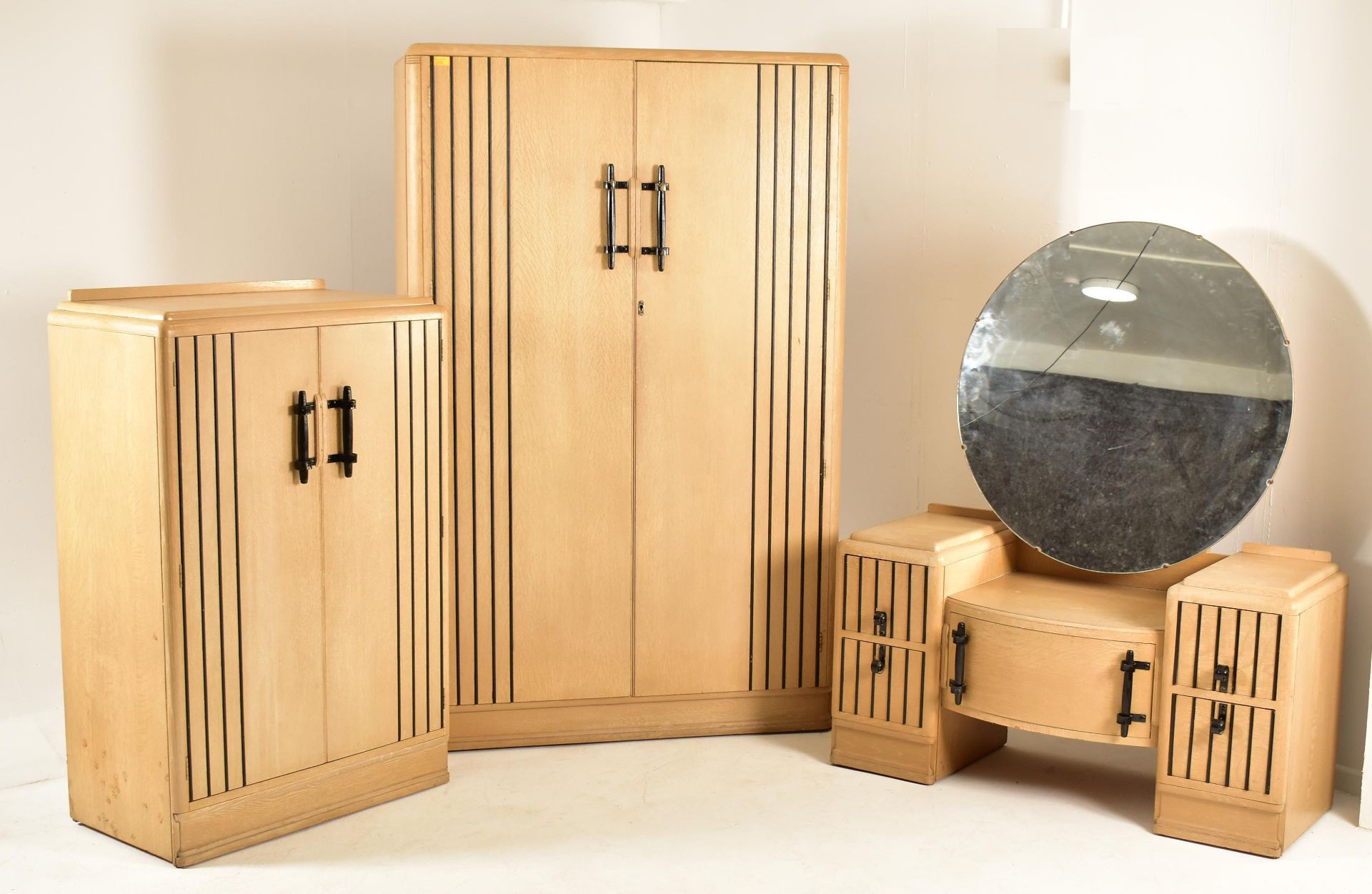 ART DECO 1930S LIMED OAK & EBONY THREE PIECE BEDROOM SUITE