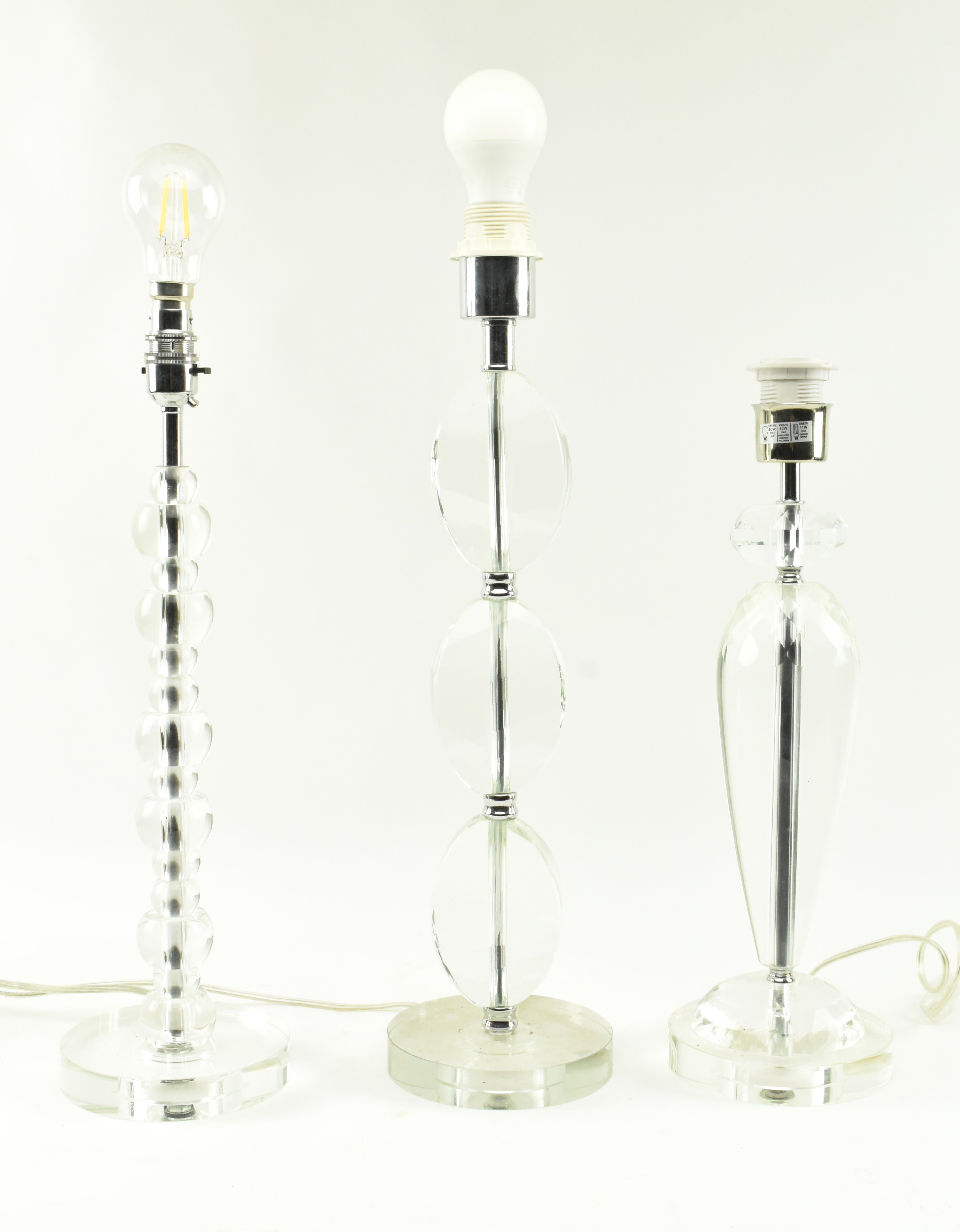 HARLEQUIN SET OF THREE CONTEMPORARY CLEAR GLASS DESK LAMPS