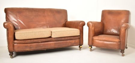 EARLY 20TH CENTURY LEATHER TWO SEATER SOFA & ARMCHAIR
