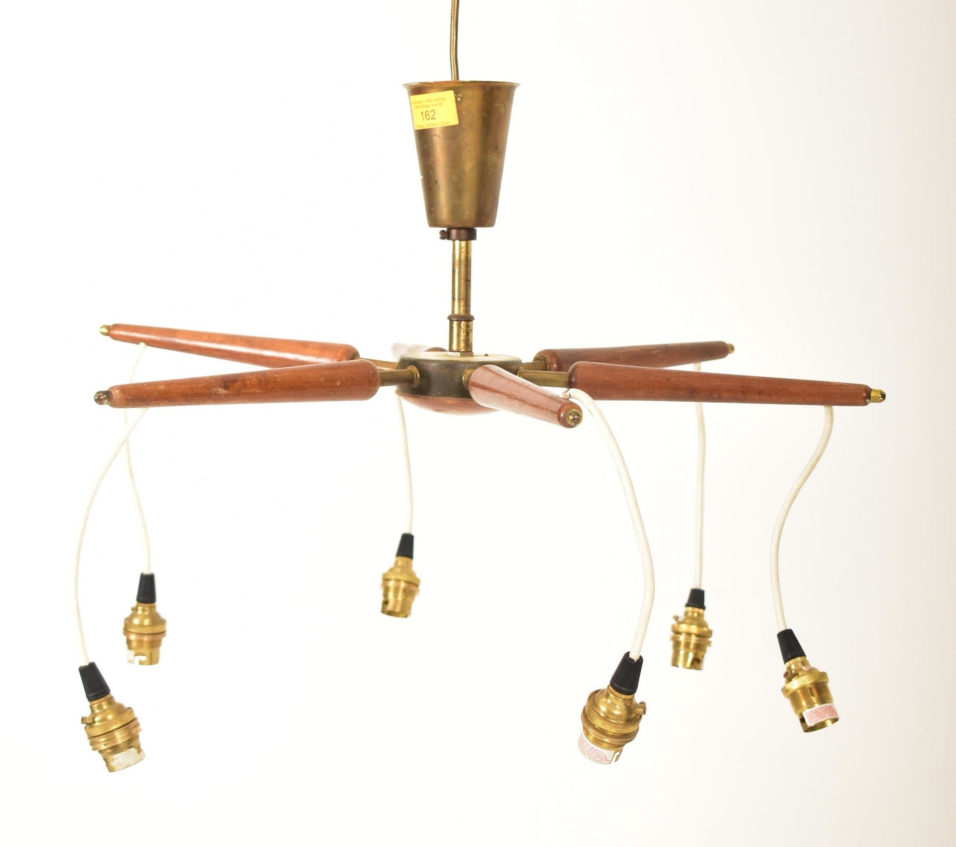 DANISH RETRO MID CENTURY TEAK & BRASS SIX ARM CEILING LIGHT