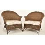 PAIR OF RETRO WIREWORK FRAMED & WICKER GARDEN ARMCHAIRS