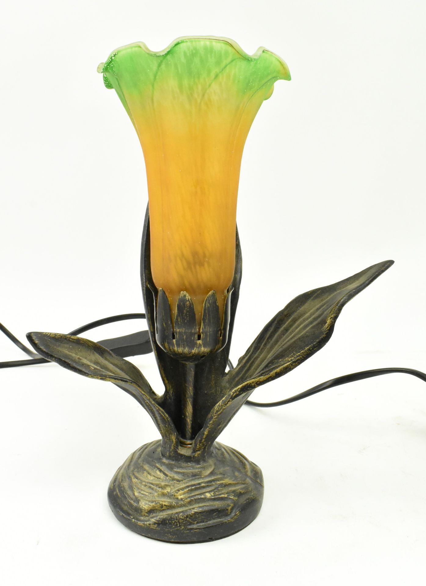 THREE ART DECO STYLE GLASS & METAL FLOWER DESK LAMPS - Image 3 of 5