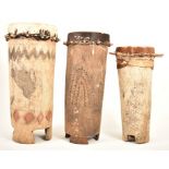 THREE LARGE AFRICAN TRIBAL WOOD & LEATHER FLOOR DRUMS