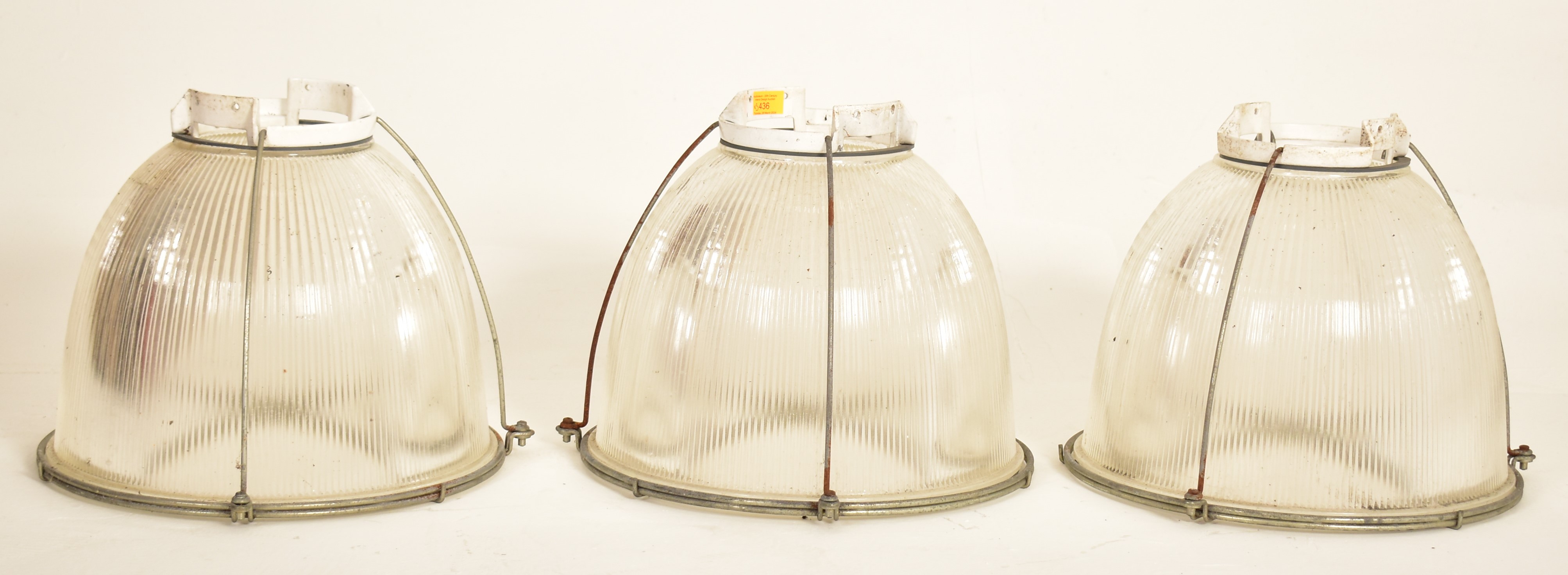 HOLOPHANE - THREE RETRO MID CENTURY INDUSTRIAL LIGHT SHADES