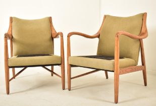 PAIR OF CONTEMPORARY RETRO STYLE OAK FRAMED ARMCHAIRS