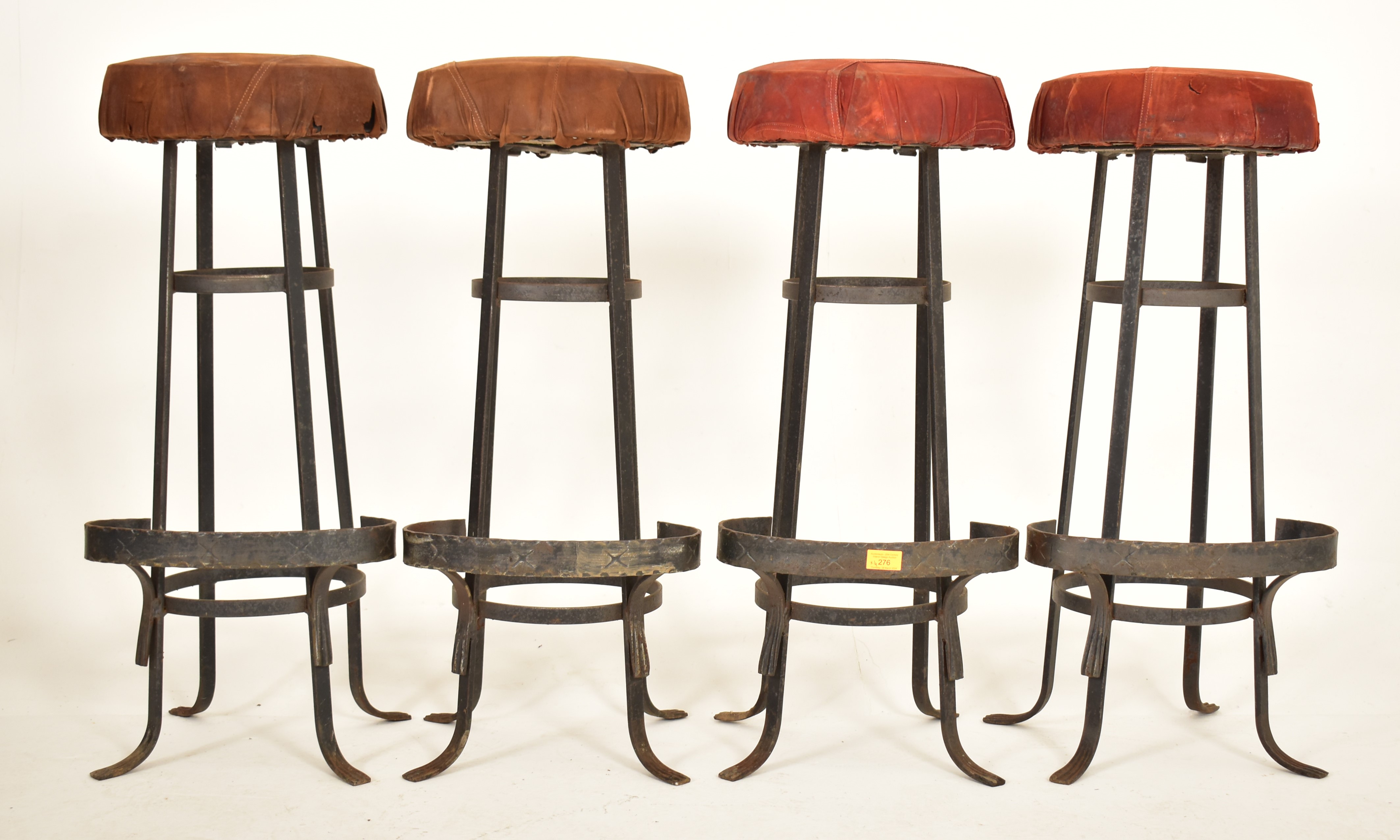 FOUR RETRO 20TH CENTURY SUEDE & WROUGHT IRON BAR STOOLS