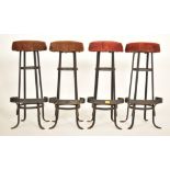 FOUR RETRO 20TH CENTURY SUEDE & WROUGHT IRON BAR STOOLS