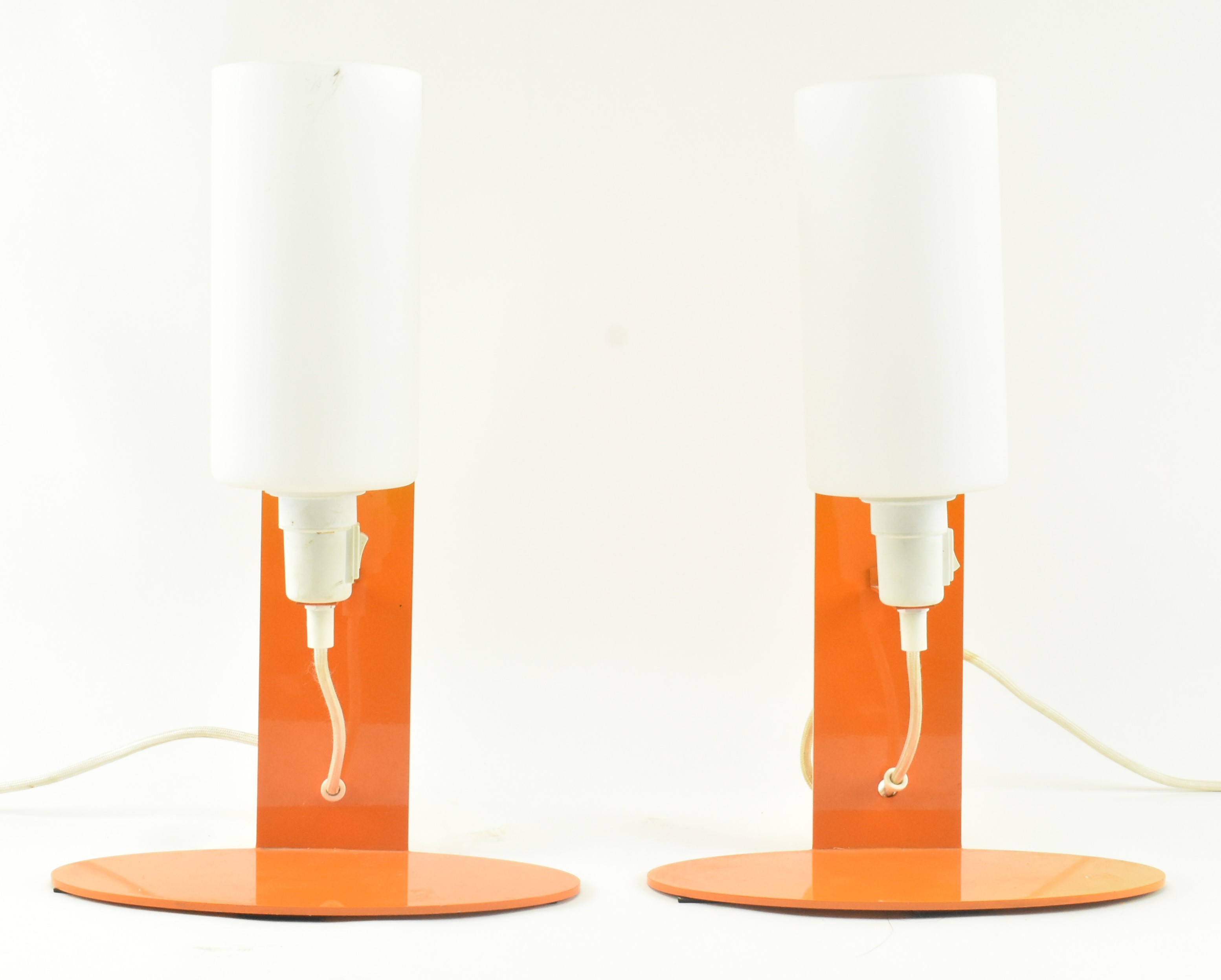 PAIR OF SCANDINAVIAN STYLE PAINTED METAL & OPALINE GLASS LAMPS