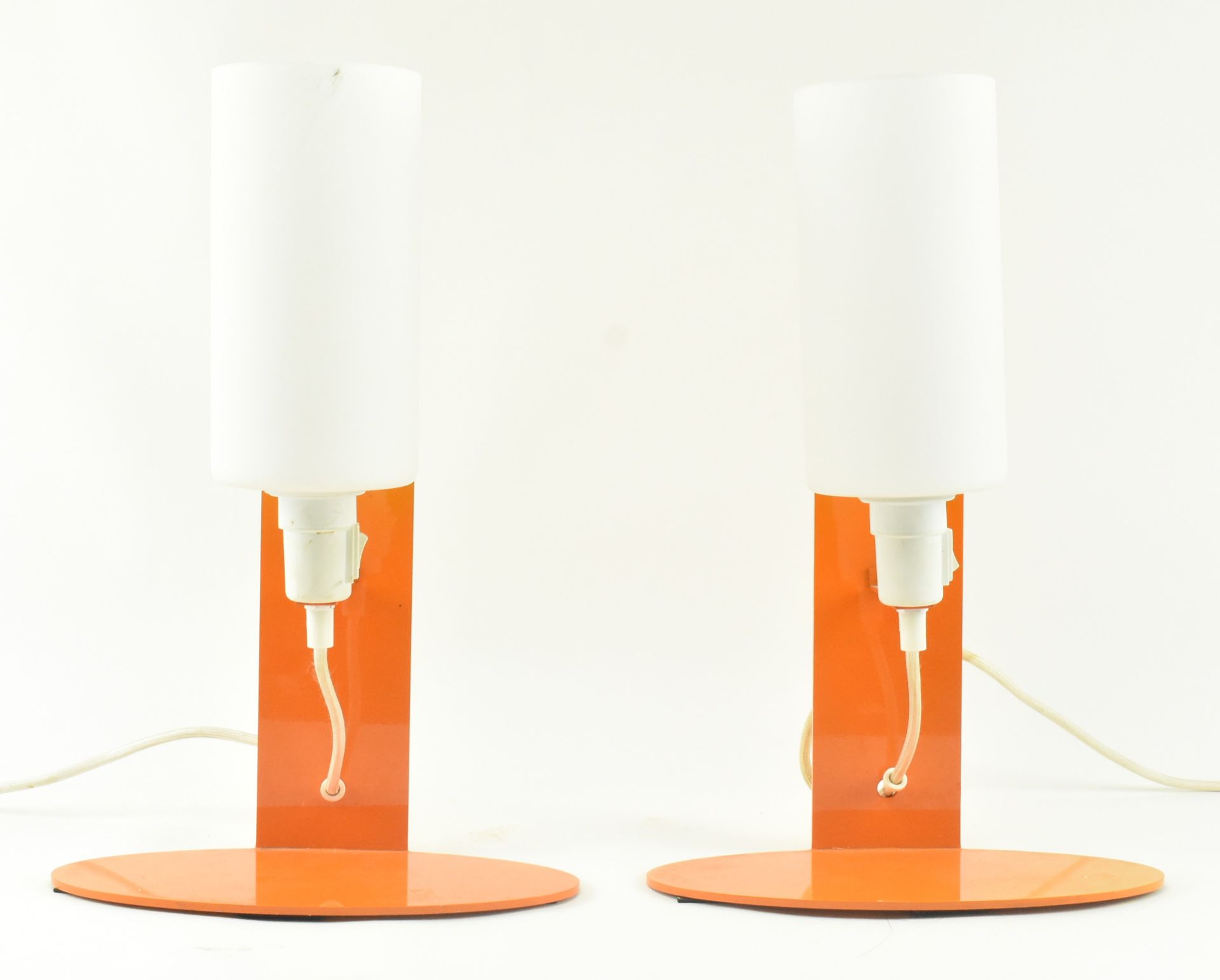 PAIR OF SCANDINAVIAN STYLE PAINTED METAL & OPALINE GLASS LAMPS