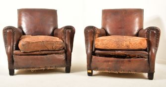 PAIR OF ART DECO LEATHER AND BRASS STUDDED CLUB ARMCHAIRS