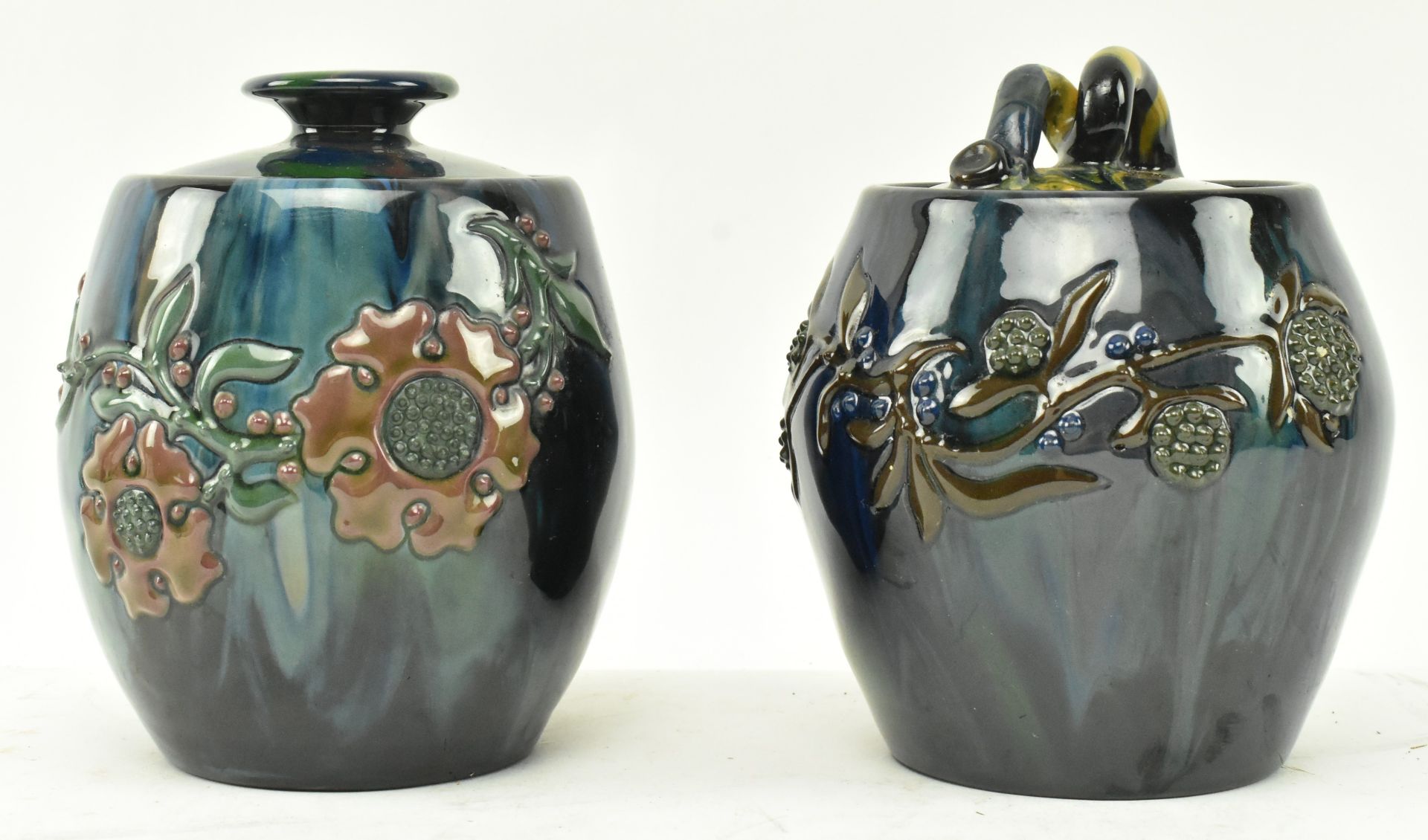 ELTONWARE POTTERY, CLEVEDON - TWO LIDDED TOBACCO JARS