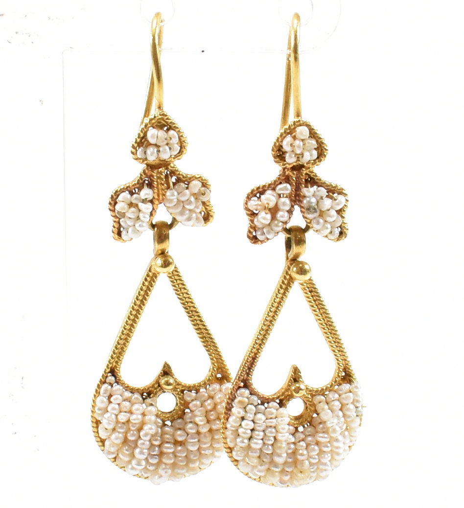 PAIR OF FRENCH 18CT GOLD & SEED PEARL PENDANT EARRINGS - Image 7 of 9