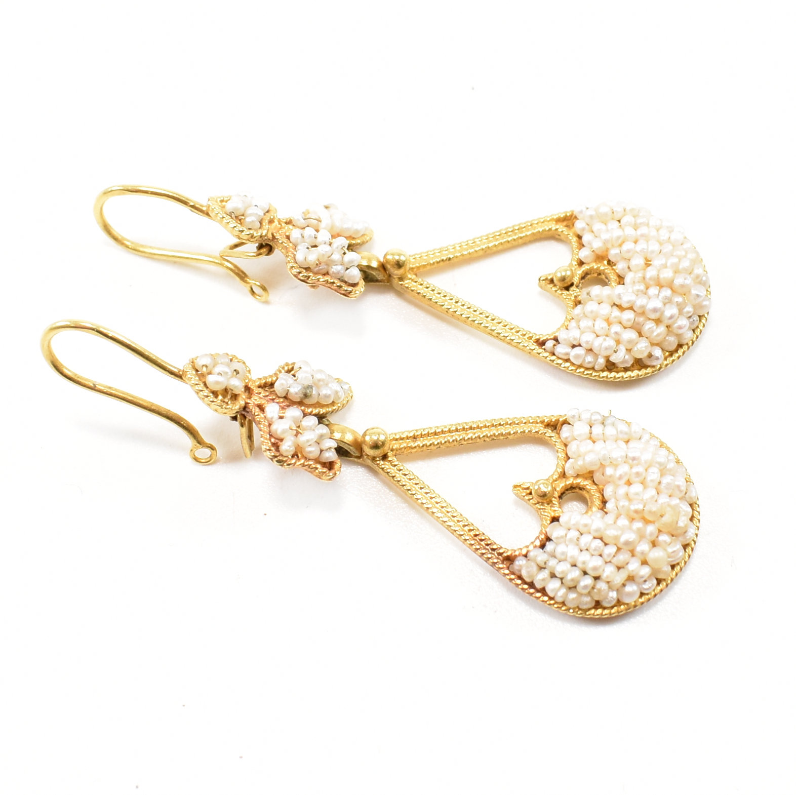 PAIR OF FRENCH 18CT GOLD & SEED PEARL PENDANT EARRINGS - Image 2 of 9