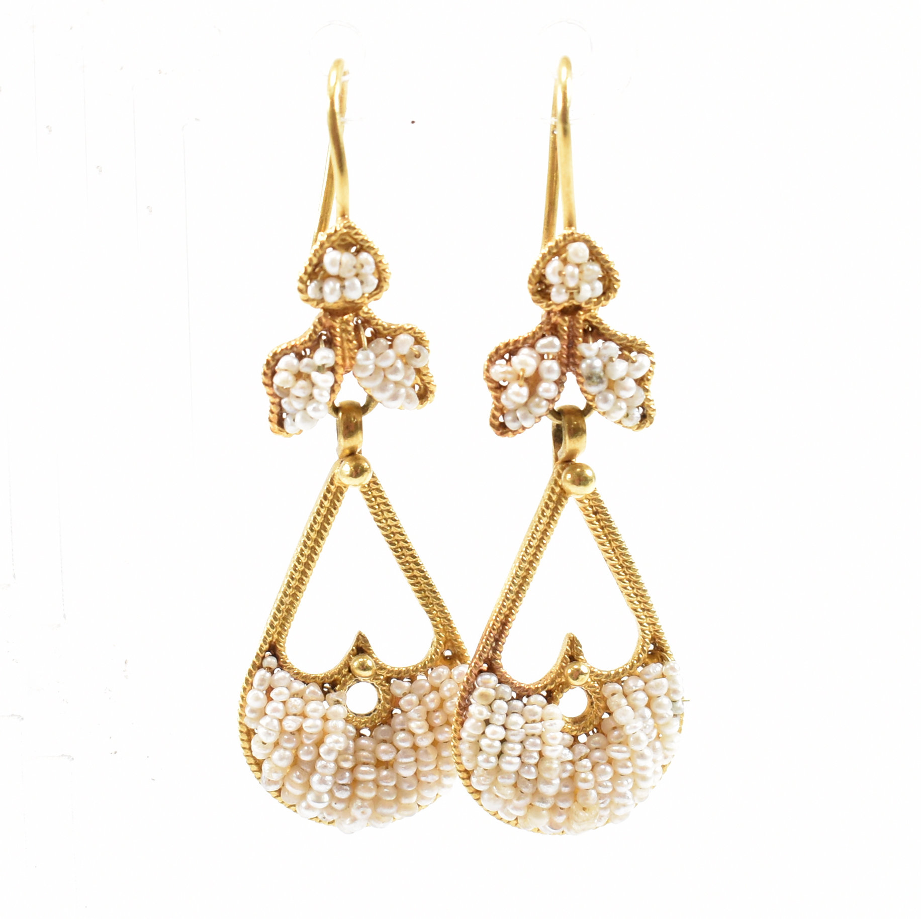 PAIR OF FRENCH 18CT GOLD & SEED PEARL PENDANT EARRINGS - Image 6 of 9