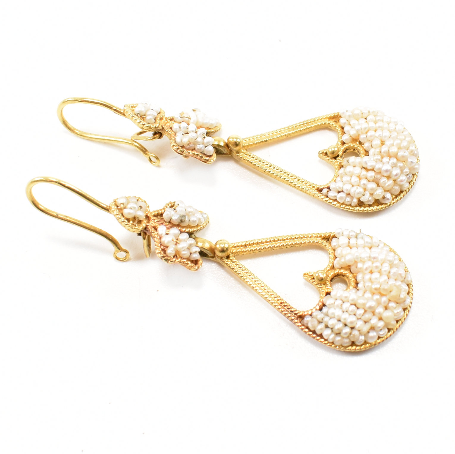 PAIR OF FRENCH 18CT GOLD & SEED PEARL PENDANT EARRINGS - Image 3 of 9