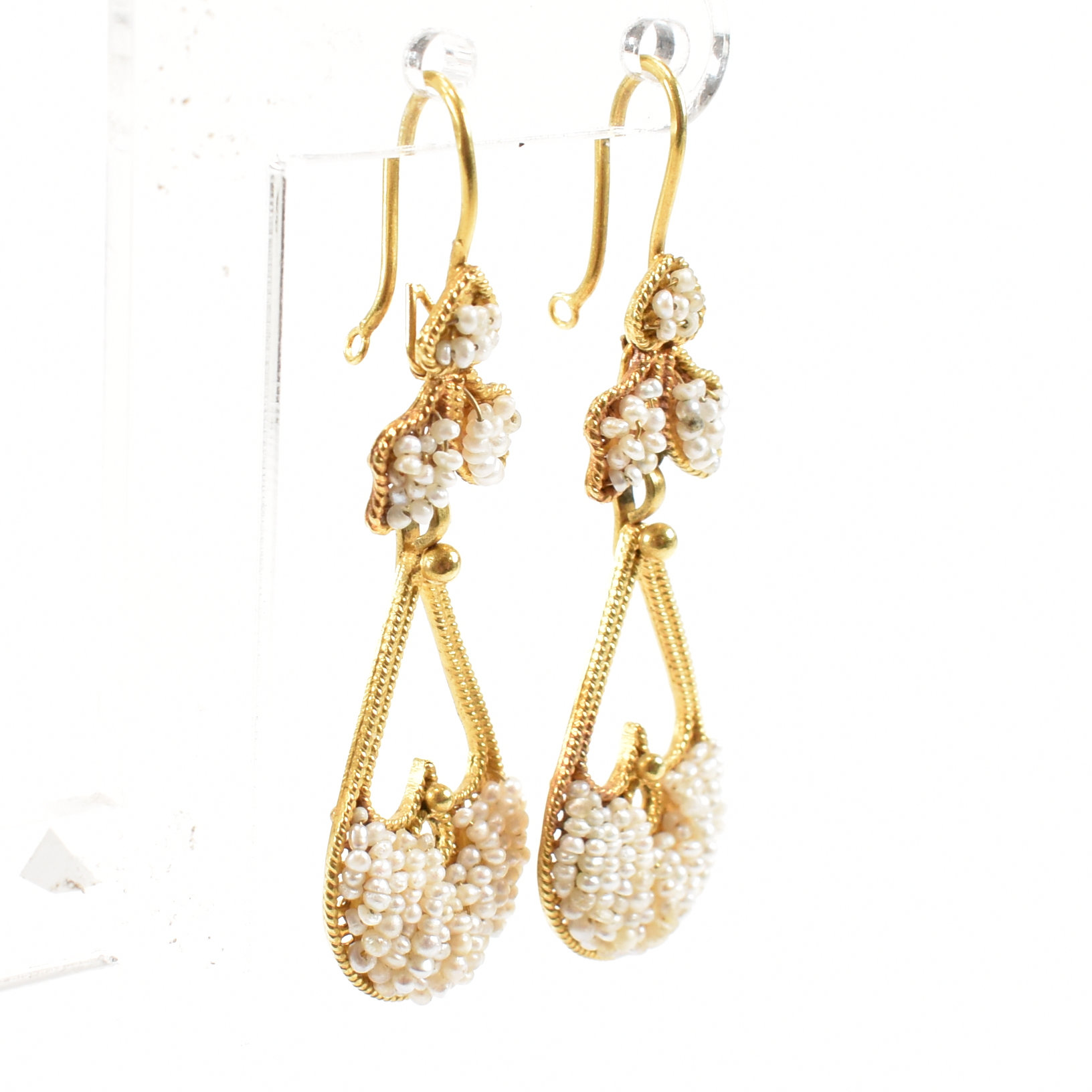 PAIR OF FRENCH 18CT GOLD & SEED PEARL PENDANT EARRINGS - Image 8 of 9