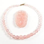 CHINESE CARVED ROSE QUARTZ PENDANT & BEAD NECKLACE