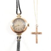 1930S 9CT GOLD WATCH & GOLD CROSS PENDANT NECKLACE.