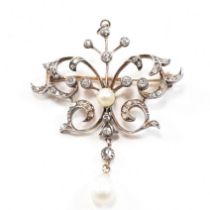 EDWARDIAN ART NOUVEAU DIAMOND & PEARL BROOCH PIN PENDANT