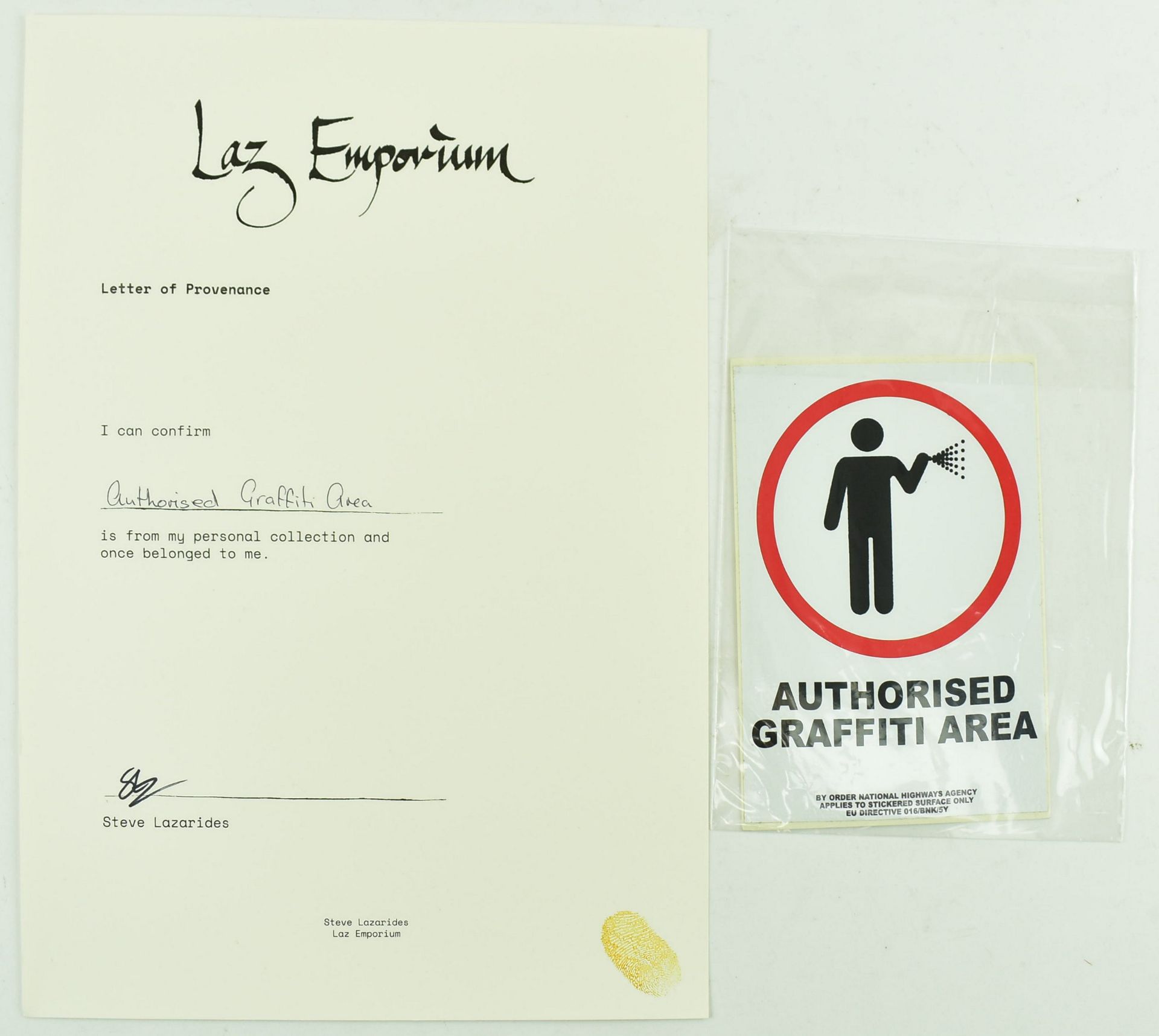 STEVE LAZARIDES - "AUTHORISED GRAFFITI AREA" STICKER W/COA - Image 2 of 4