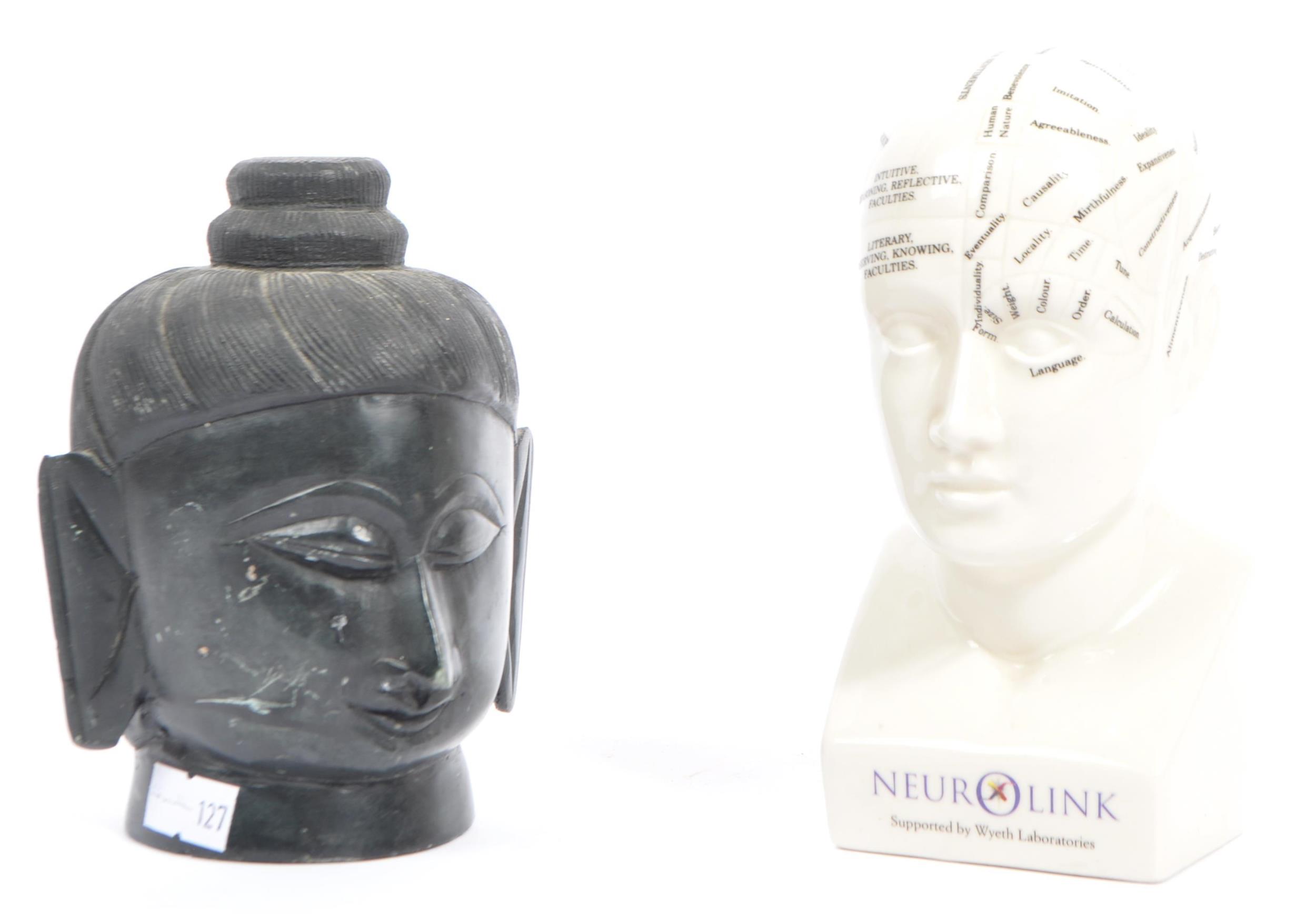 TWO CONTEMPORARY BUDHA & PHRENOLOGY FIGURE HEADS