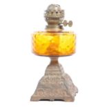 20TH CENTURY AMBER SQUAT GLASS BRITISH MADE OIL LAMP BY DUPLEX
