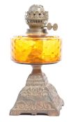 20TH CENTURY AMBER SQUAT GLASS BRITISH MADE OIL LAMP BY DUPLEX