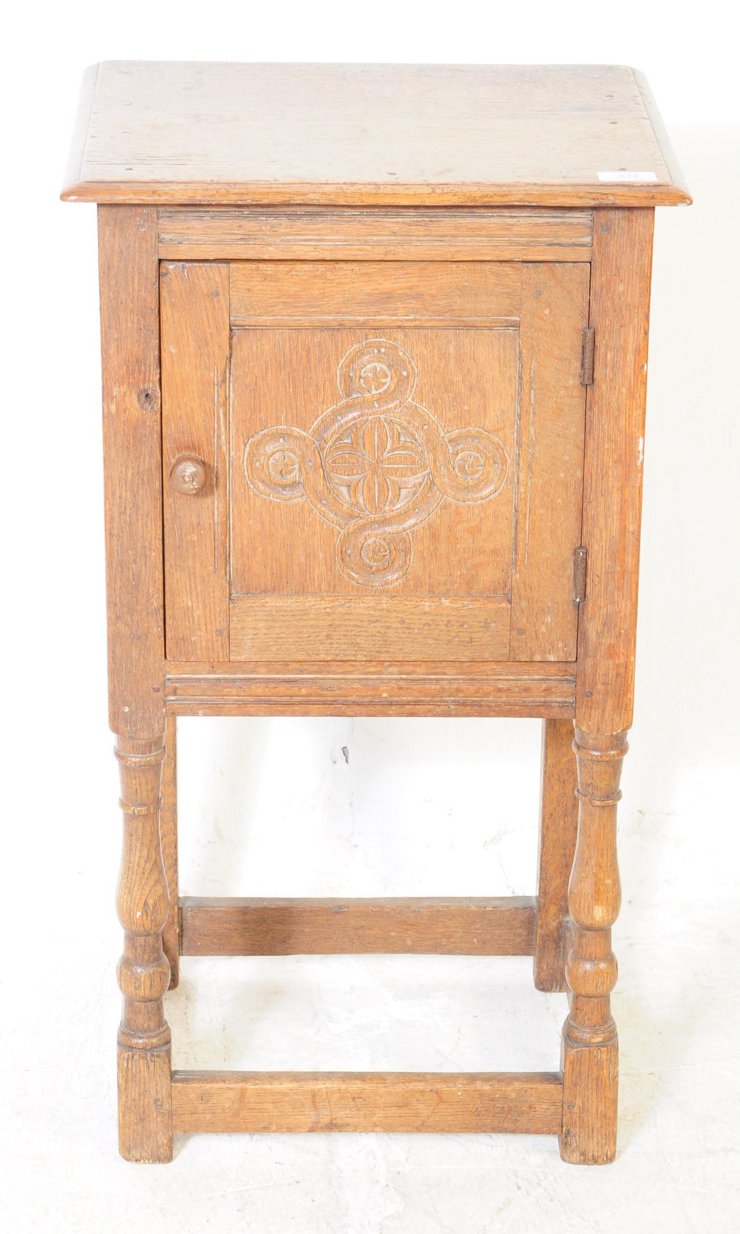 ARTS & CRAFTS CARVED OAK POT BEDSIDE CUPBOARD BY NEWMAN & CO - Image 2 of 7