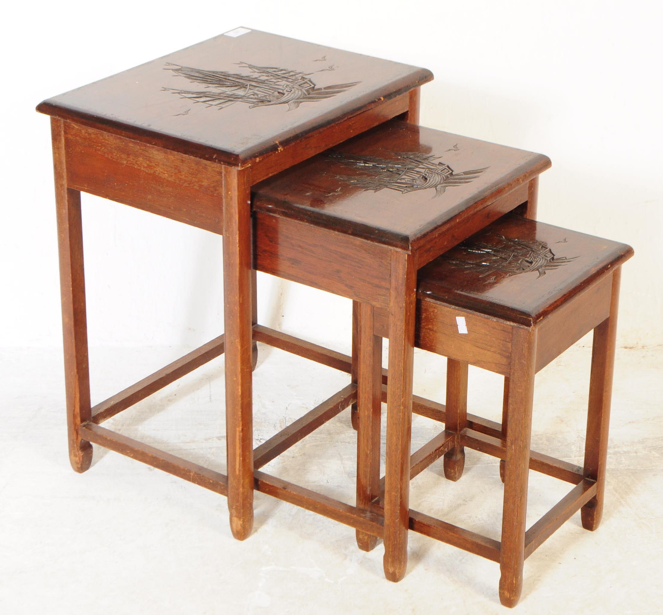 A VINTAGE 1960S CHINESE ORIENTAL NEST OF CARVED TOP TABLES - Image 2 of 6