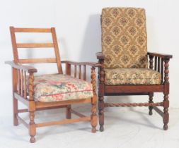 TWO 1930S OAK FRAMED RECLINING EASY LOUNGE ARMCHAIRS
