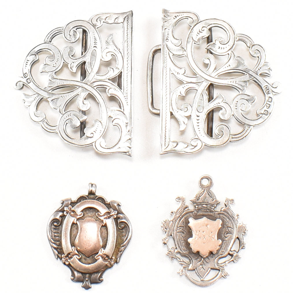 HALLMARKED SILVER NURSE'S BELT BUCKLE & SILVER FOB MEDALS